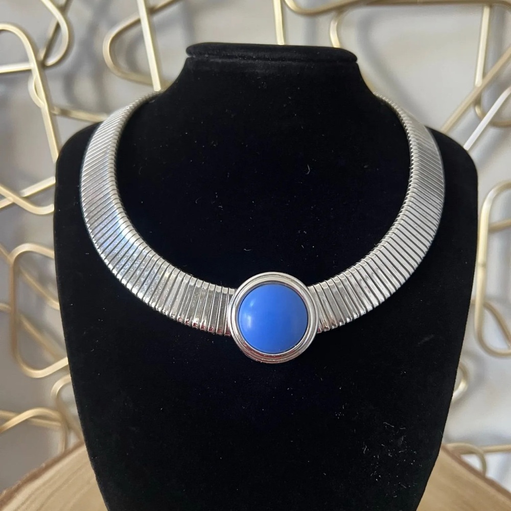Monet Silver Necklace with Blue Centerpiece